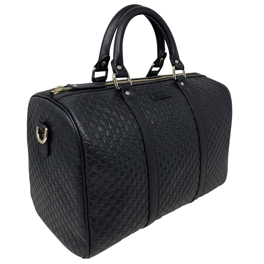 Authentic GUCCI Black Leather Micro GG Guccissima Boston Bag W/Strap - P71