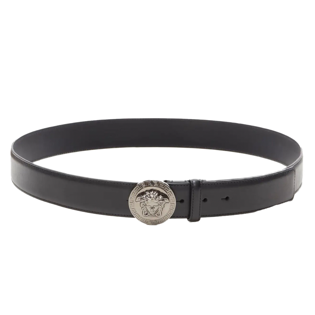 VERSACE Medusa Biggie silver coin medallion buckle black belt
