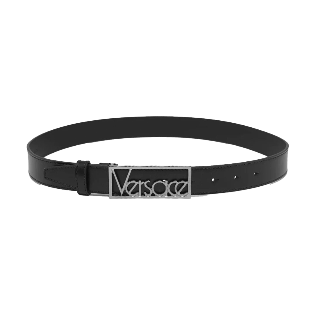 Black Leather Belt with Silver Vintage Logo Buckle