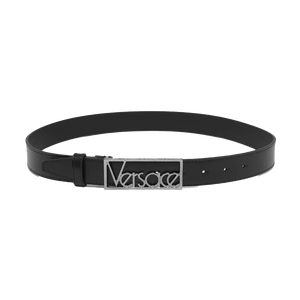 Black Leather Belt with Silver Vintage Logo Buckle