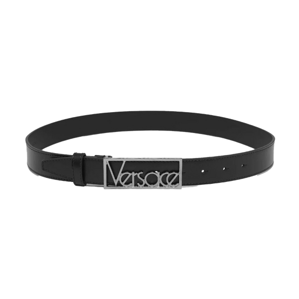 Black Leather Belt with Silver Vintage Logo Buckle