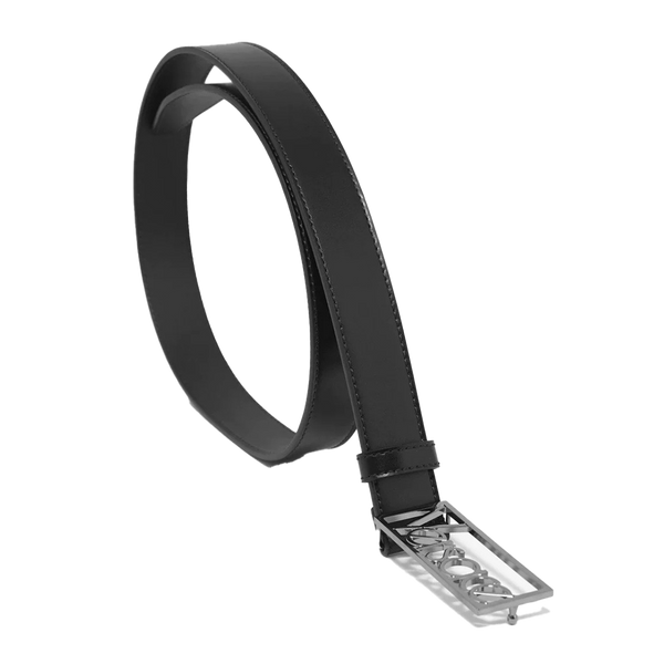 Black Leather Belt with Silver Vintage Logo Buckle