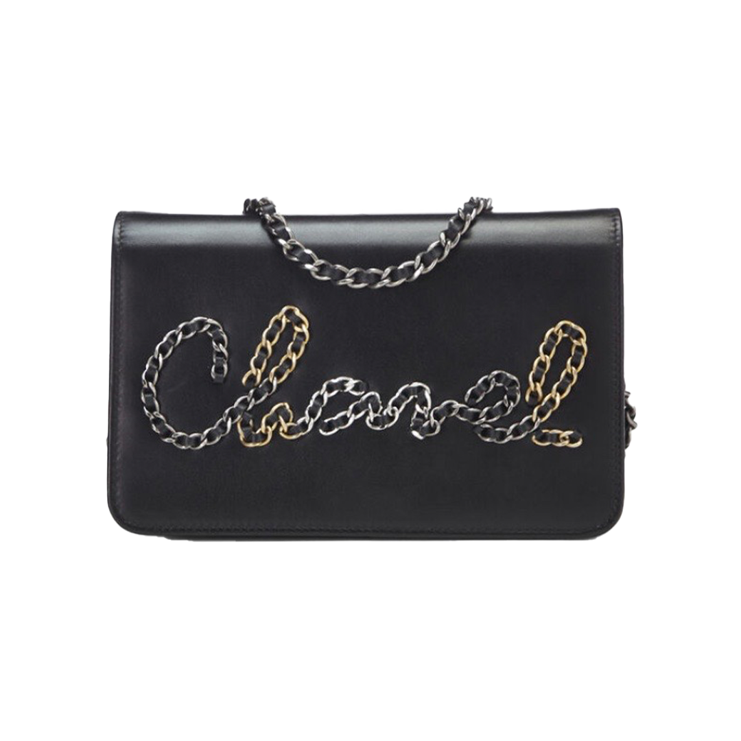 CHANEL Glitter Calfskin Quilted Wallet on Chain WOC Black 219604