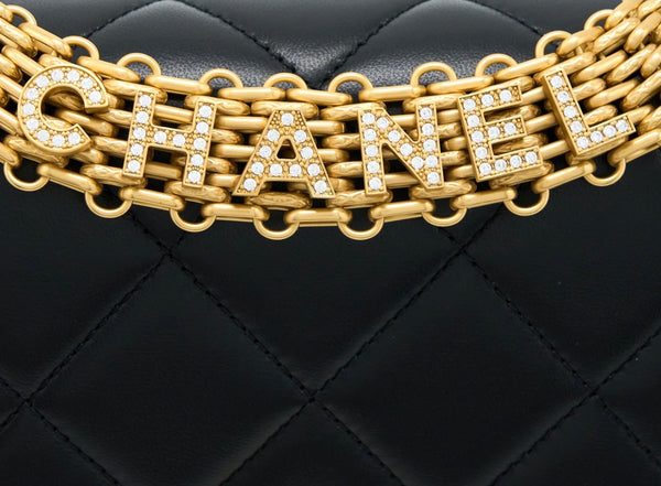 22S LETTER/CRYSTAL HANDLE FLAP BAG LAMBSKIN BLACK BRUSHED GHW(MICROCHIP)