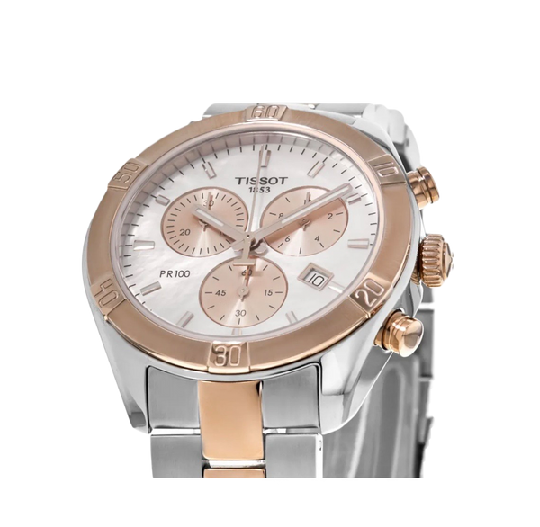 Women Rose Gold-Toned PR 100 Sport Chic Mother of Pearl Chronograph Watch T1019172215100