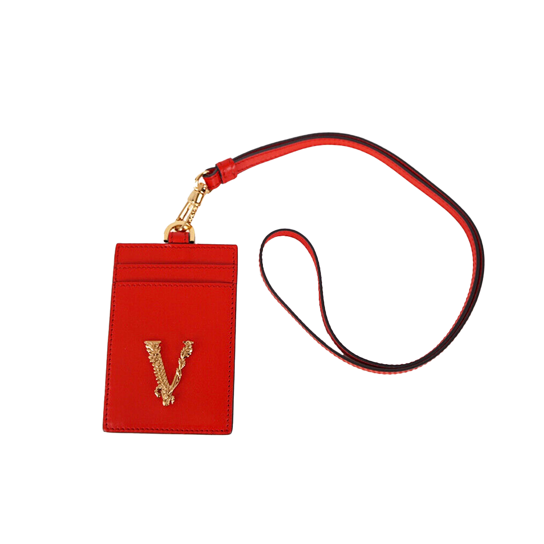 Red Leather GOLD BAROCCO V LOGO VIRTUS Lanyard ID CARD CASE
