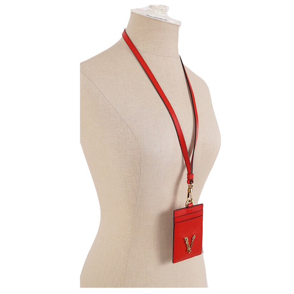 Red Leather GOLD BAROCCO V LOGO VIRTUS Lanyard ID CARD CASE